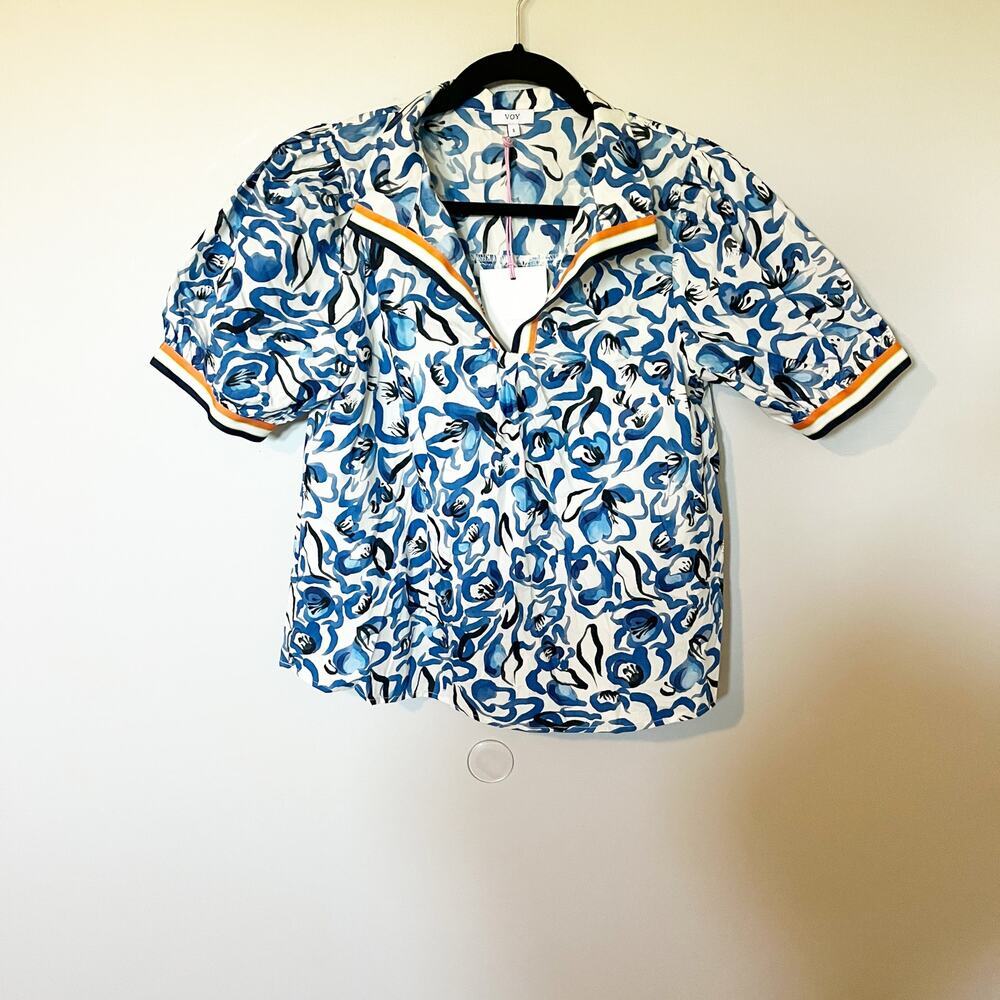 Voy‎ cotton blue floral top bimi banded detailing women’s size small nwt